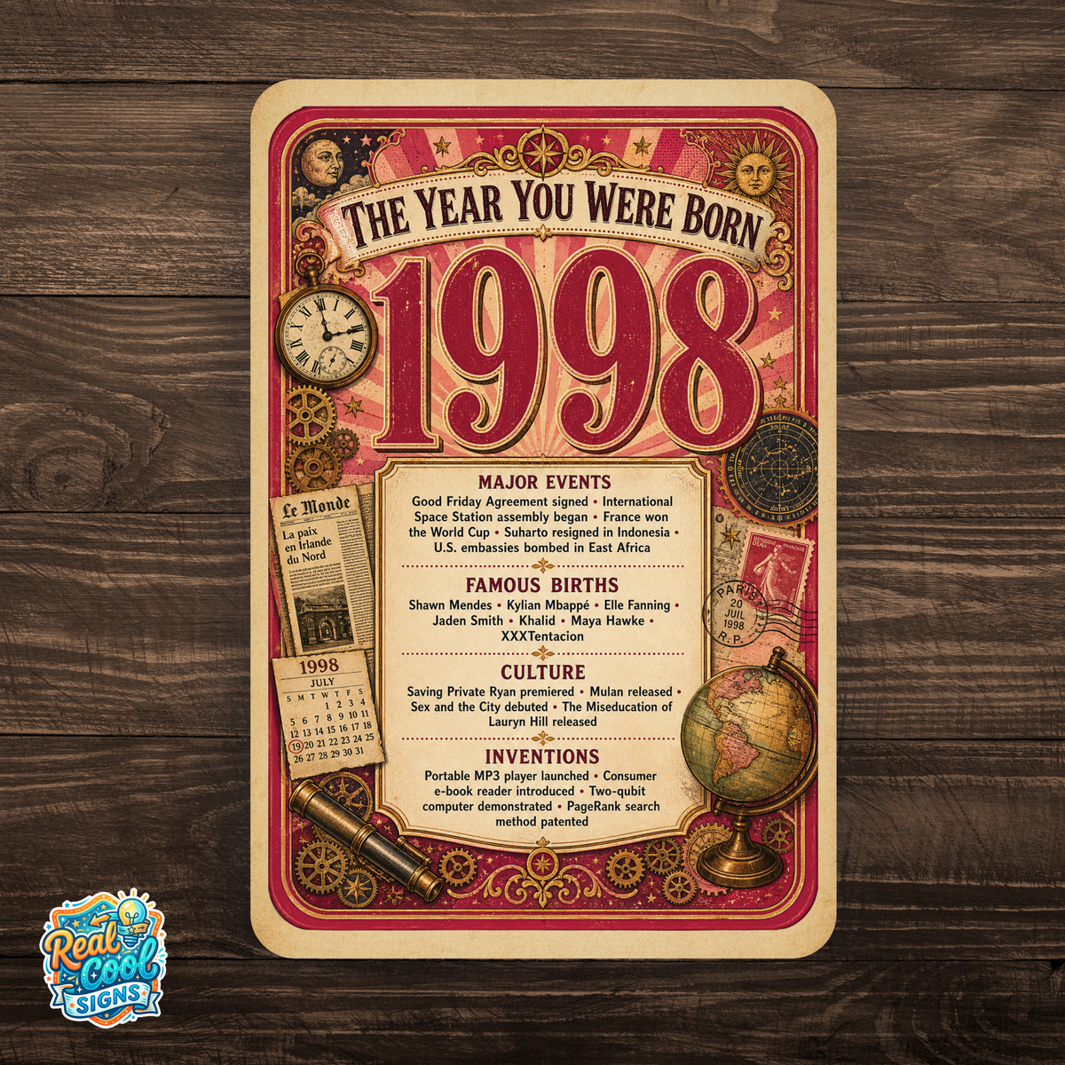 1998 The Year You Were Born Aluminum Sign – Vintage Birthday & Anniversary Gift