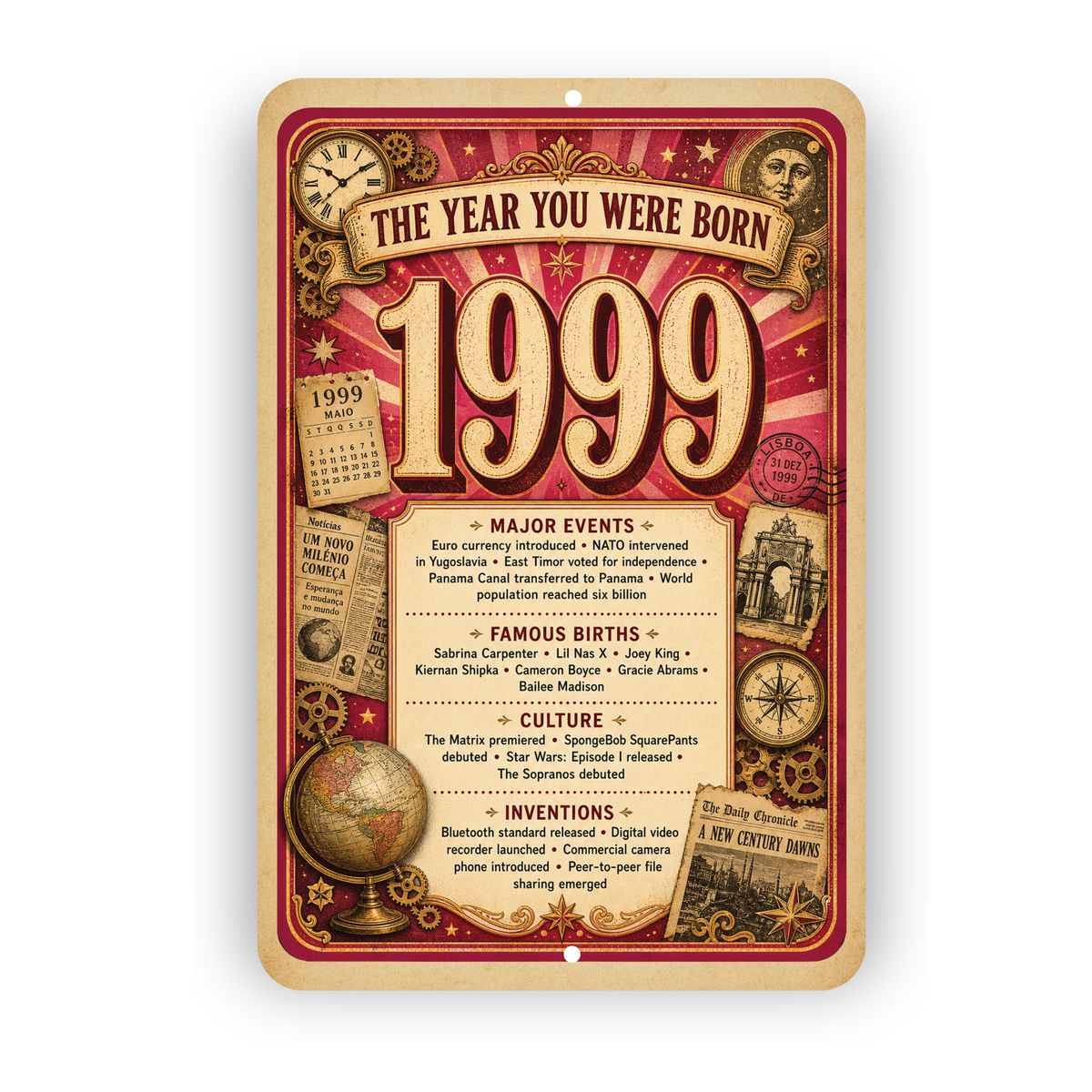 1999 The Year You Were Born Aluminum Sign – Vintage Birthday & Anniversary Gift