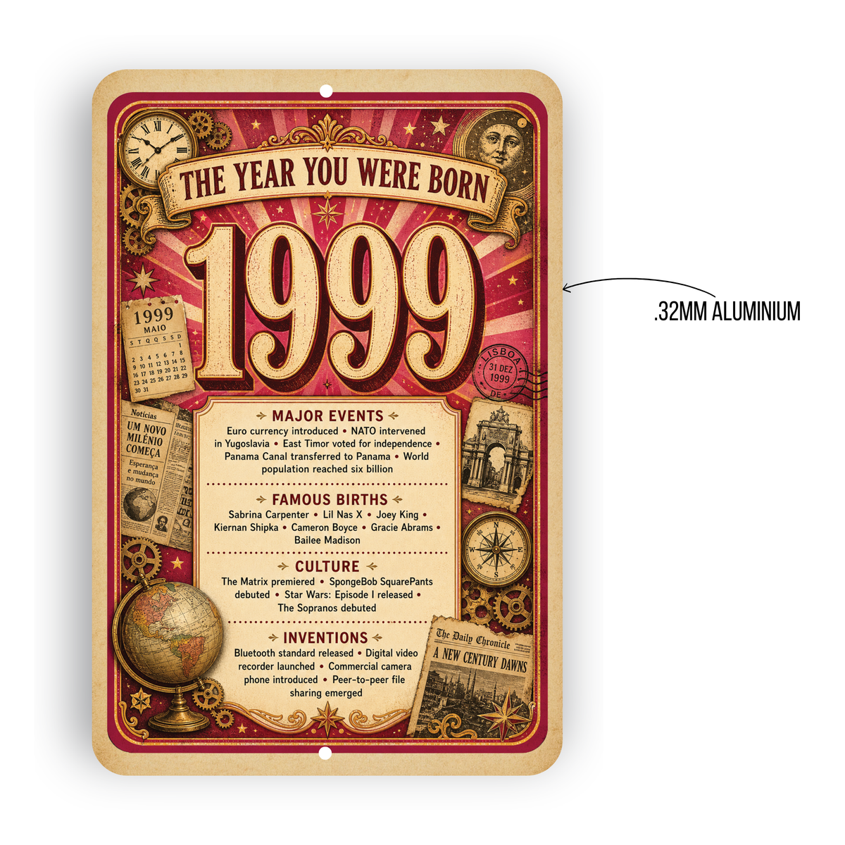 1999 The Year You Were Born Aluminum Sign – Vintage Birthday & Anniversary Gift