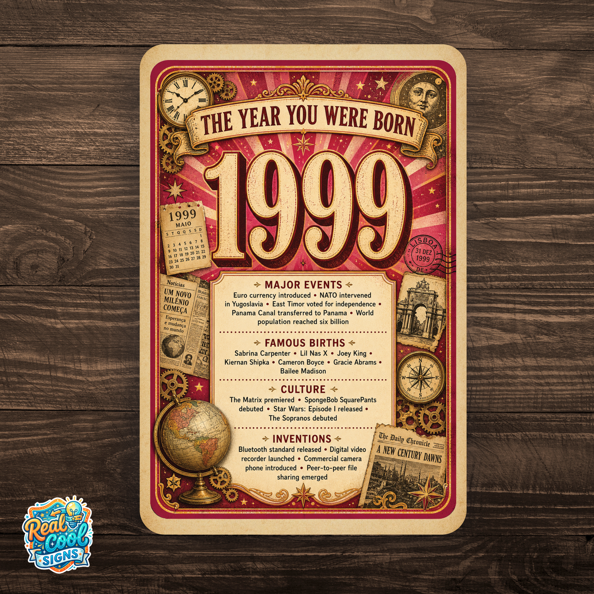 1999 The Year You Were Born Aluminum Sign – Vintage Birthday & Anniversary Gift