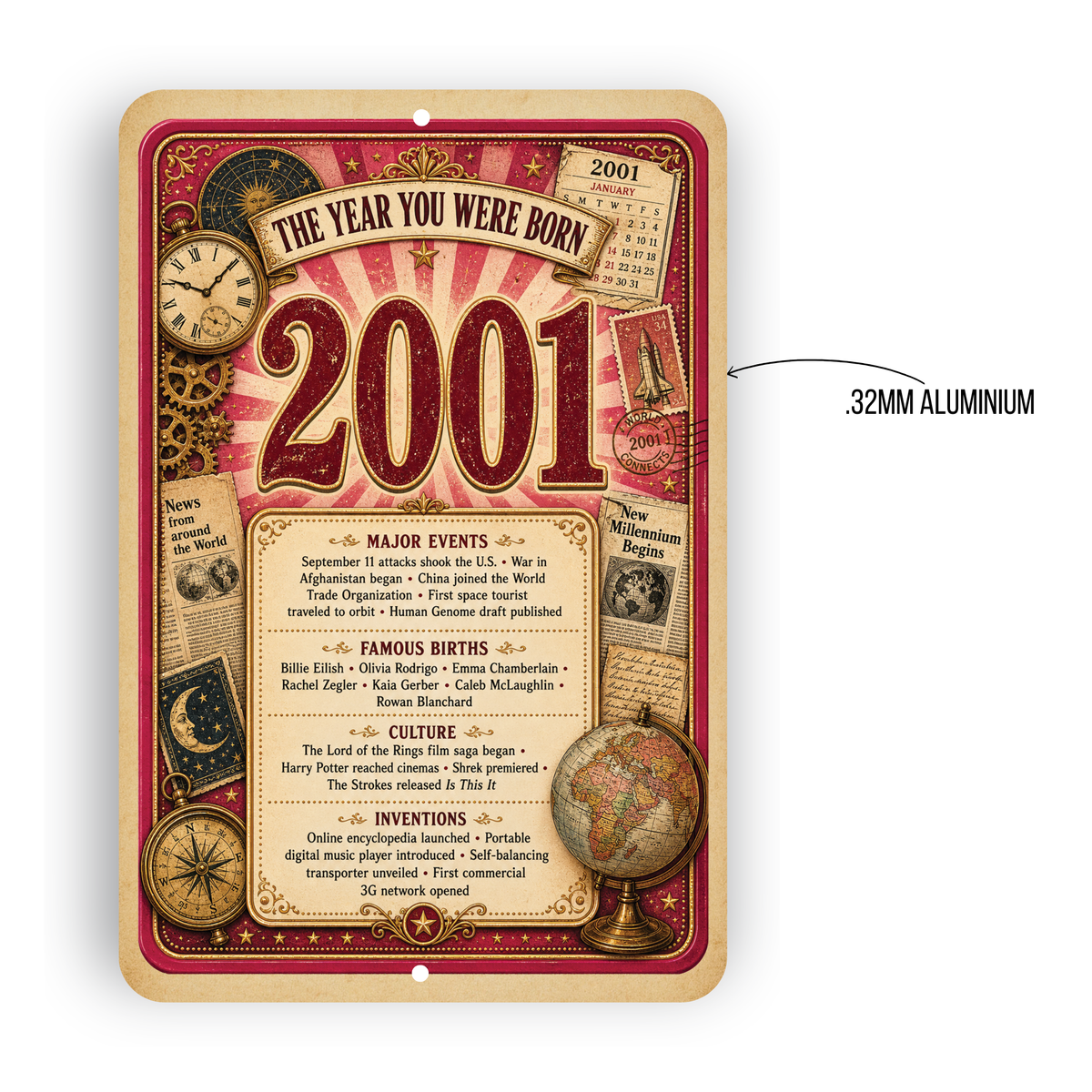 2001 The Year You Were Born Aluminum Sign – Vintage Birthday & Anniversary Gift