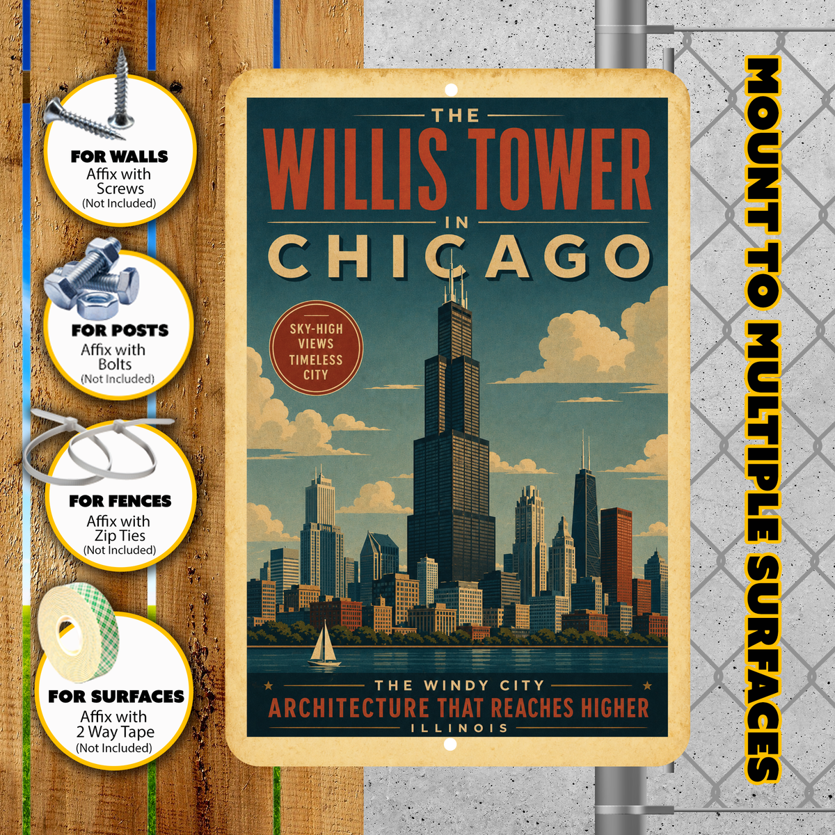 Chicago Willis Tower Metal Art Deco Sign