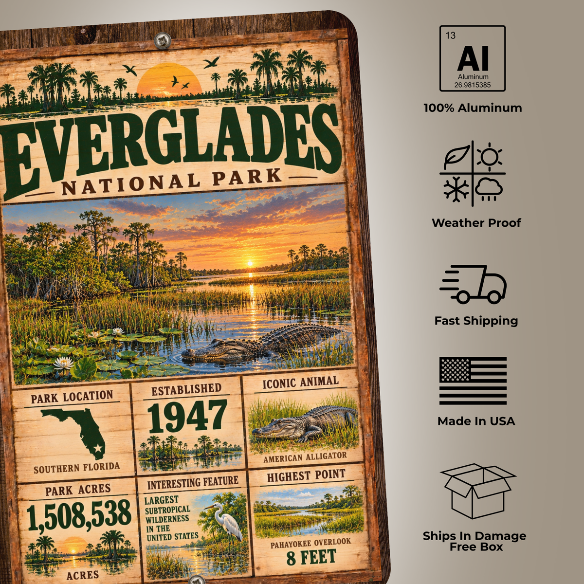 Everglades National Park Facts Aluminum Sign