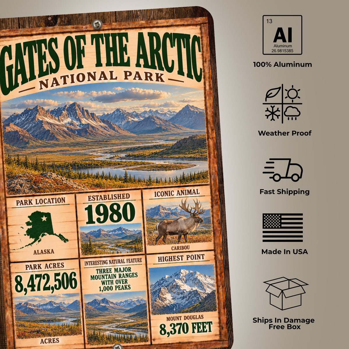 Gates of the Arctic National Park Facts Aluminum Sign