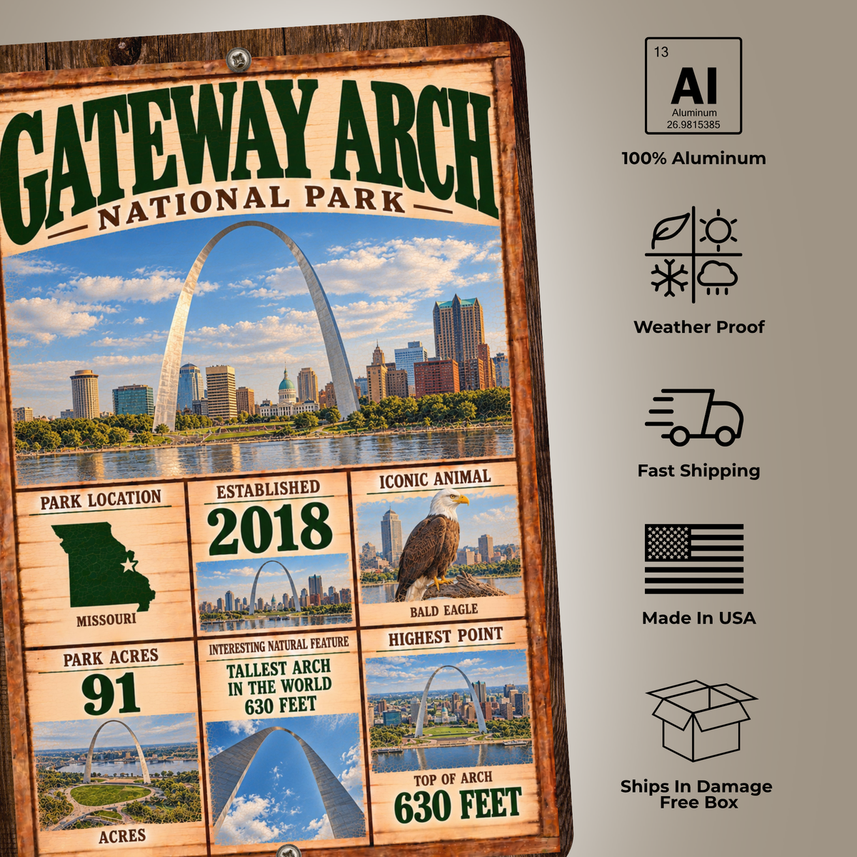 Gateway Arch National Park Facts Aluminum Sign