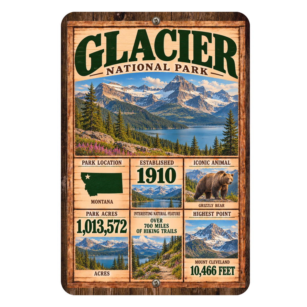 Glacier National Park Facts Aluminum Sign