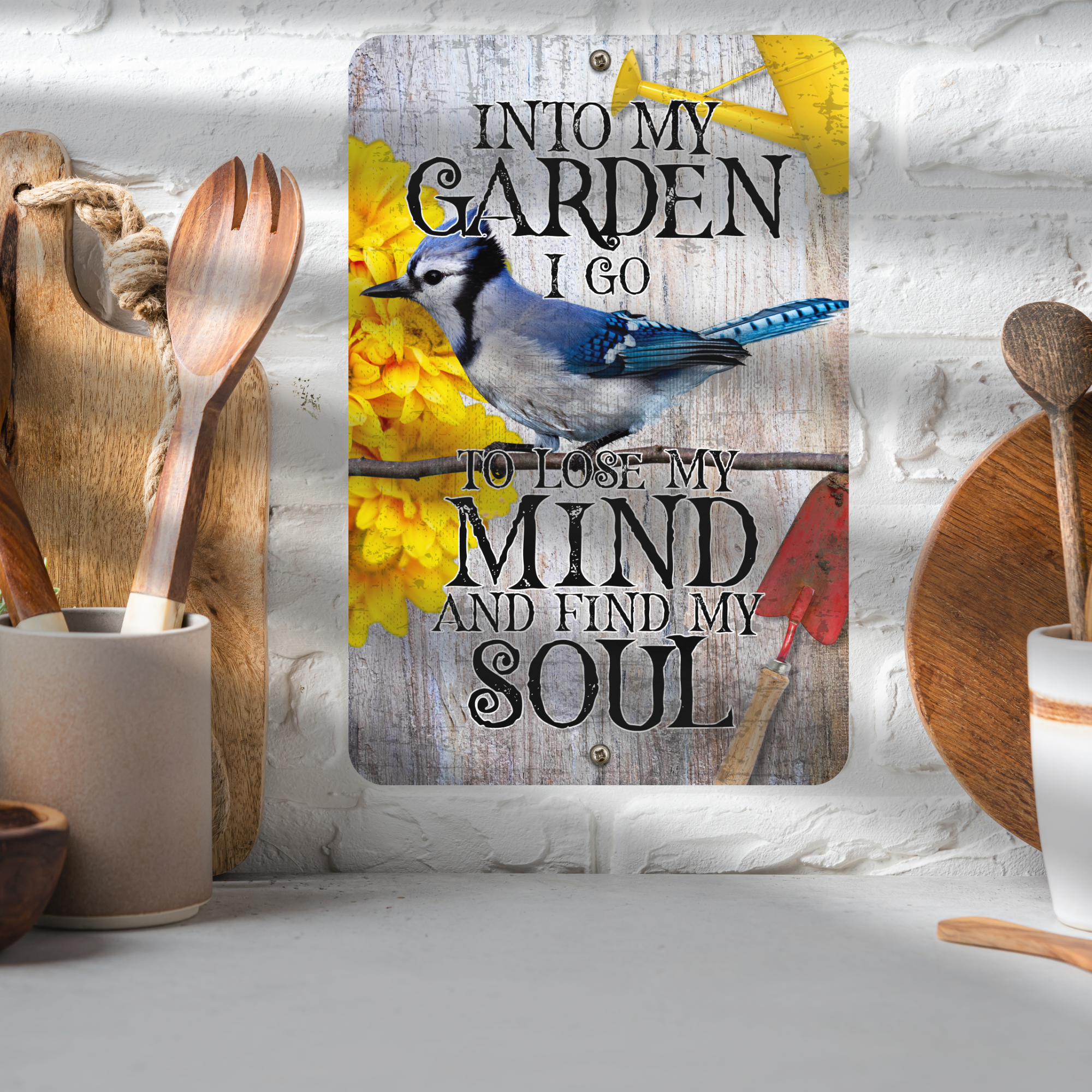 Into My Garden I Go Blue Jay Aluminum Garden Sign