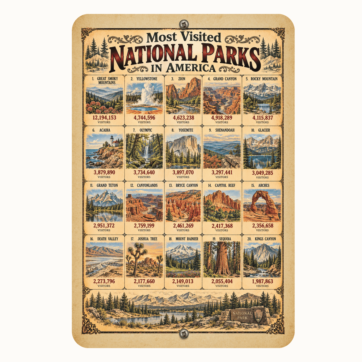Most Visited National Parks in America Aluminum Sign