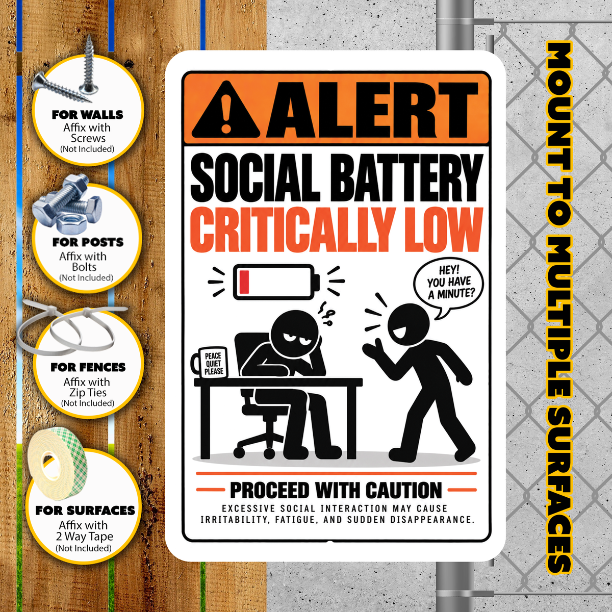 Social Battery Critically Low Sign – Funny Introvert Aluminum Sign