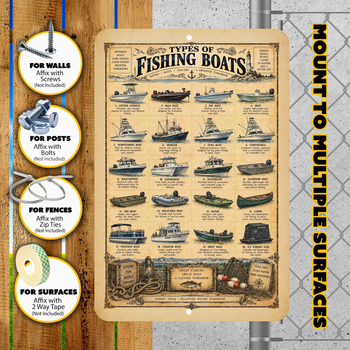 Types of Fishing Boats Vintage Sign – Nautical Fishing Boat Guide Wall Decor