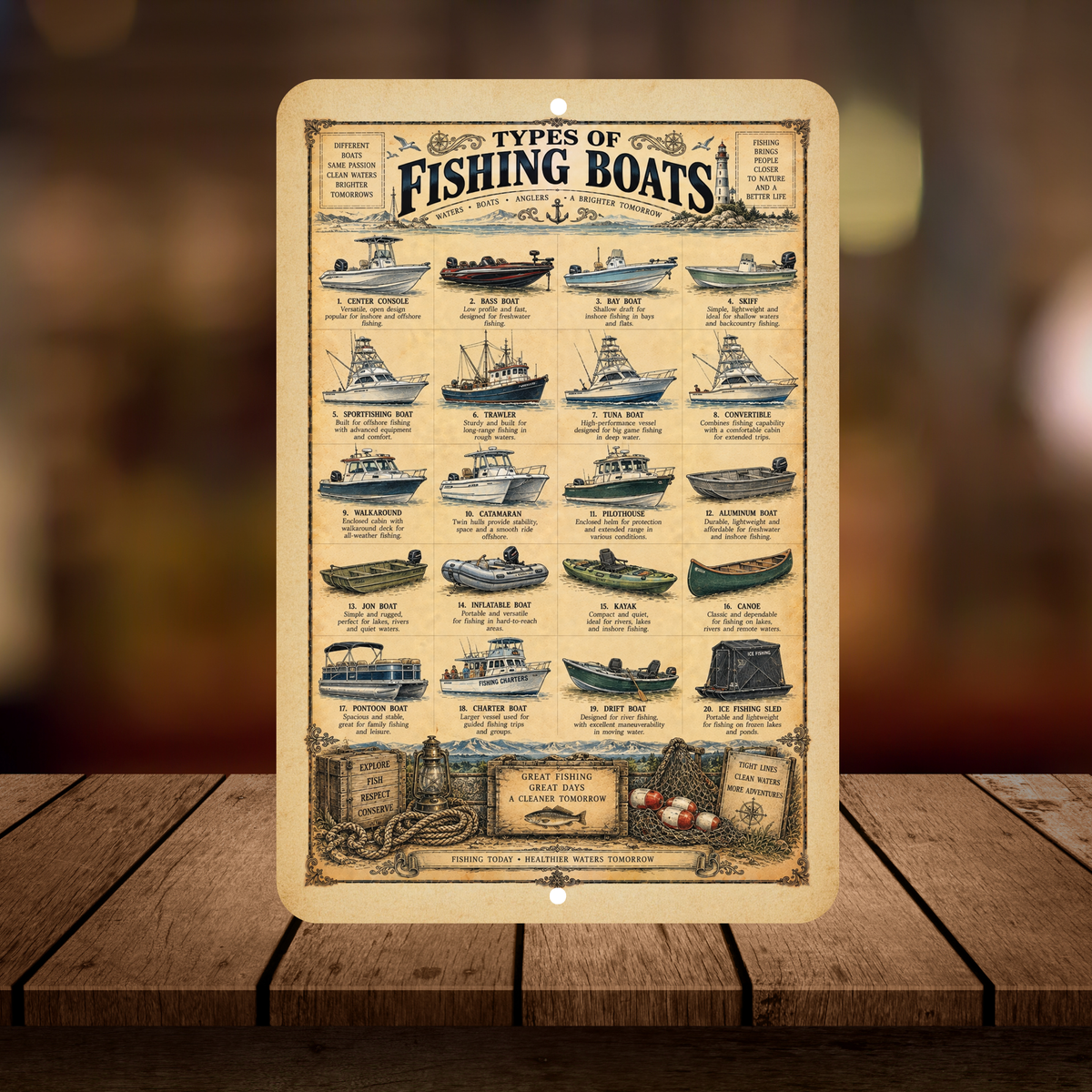 Types of Fishing Boats Vintage Sign – Nautical Fishing Boat Guide Wall Decor