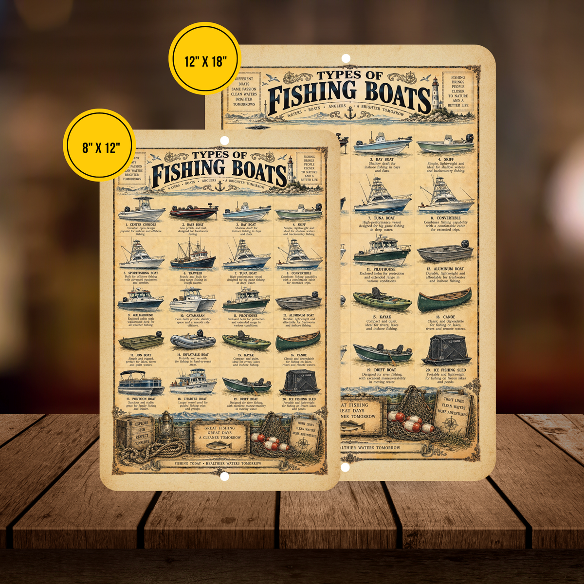 Types of Fishing Boats Vintage Sign – Nautical Fishing Boat Guide Wall Decor