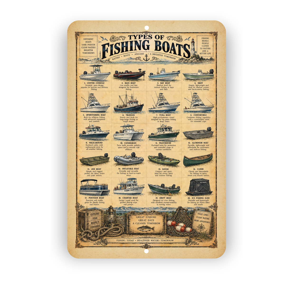 Types of Fishing Boats Vintage Sign – Nautical Fishing Boat Guide Wall Decor