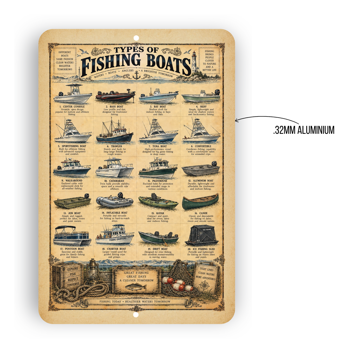 Types of Fishing Boats Vintage Sign – Nautical Fishing Boat Guide Wall Decor