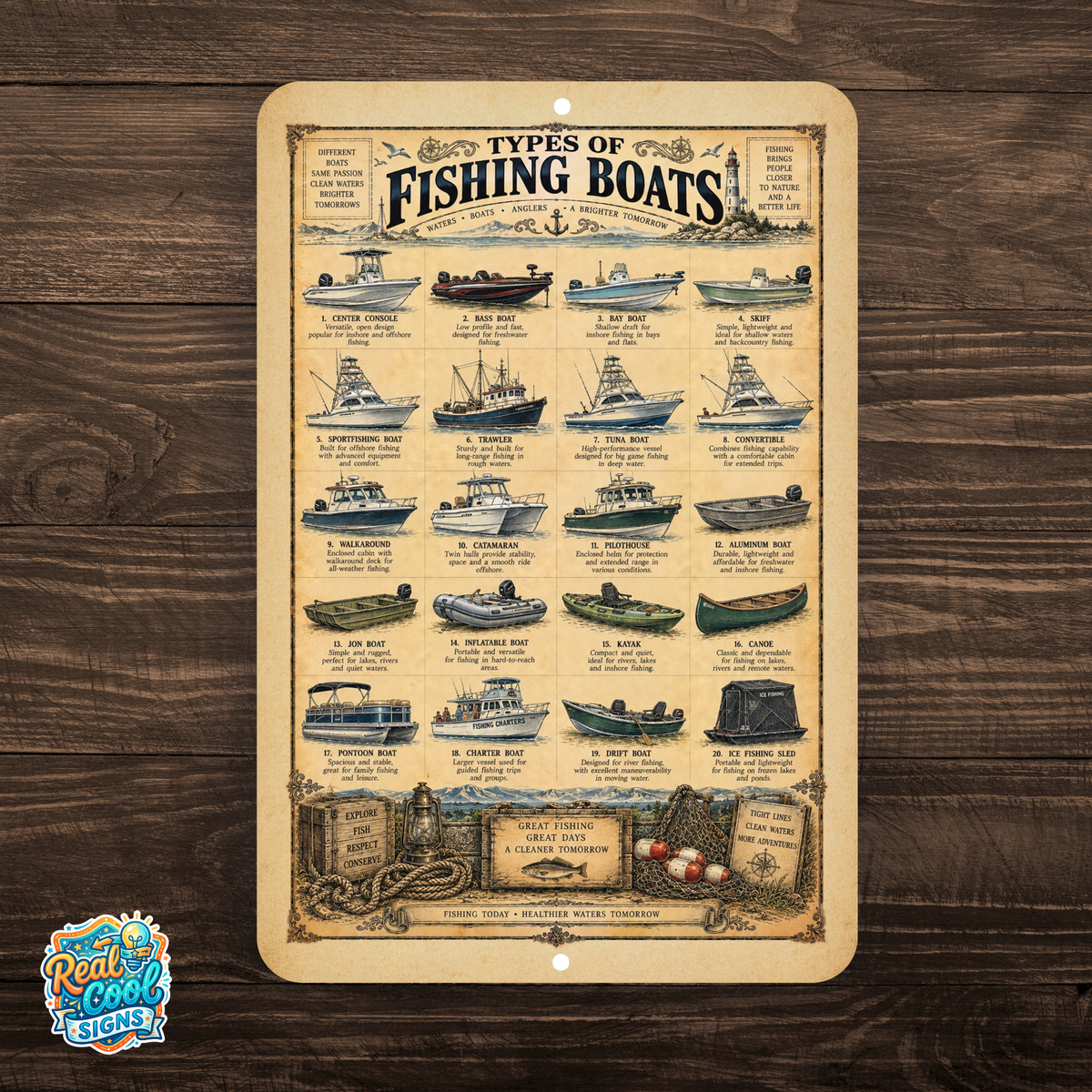 Types of Fishing Boats Vintage Sign – Nautical Fishing Boat Guide Wall Decor