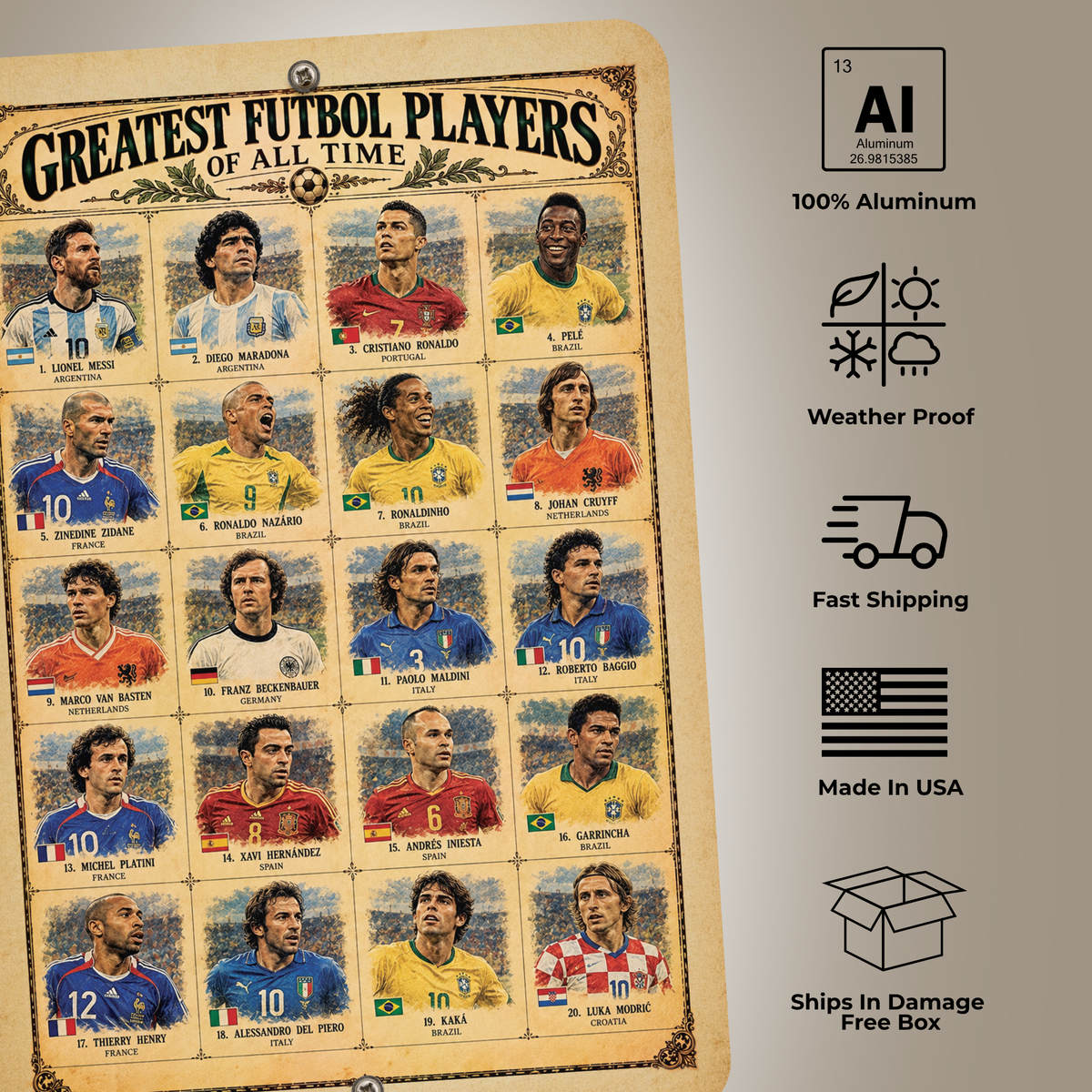 Greatest Futbol Players of All Time – Vintage Soccer Legends Aluminum Sign ⚽