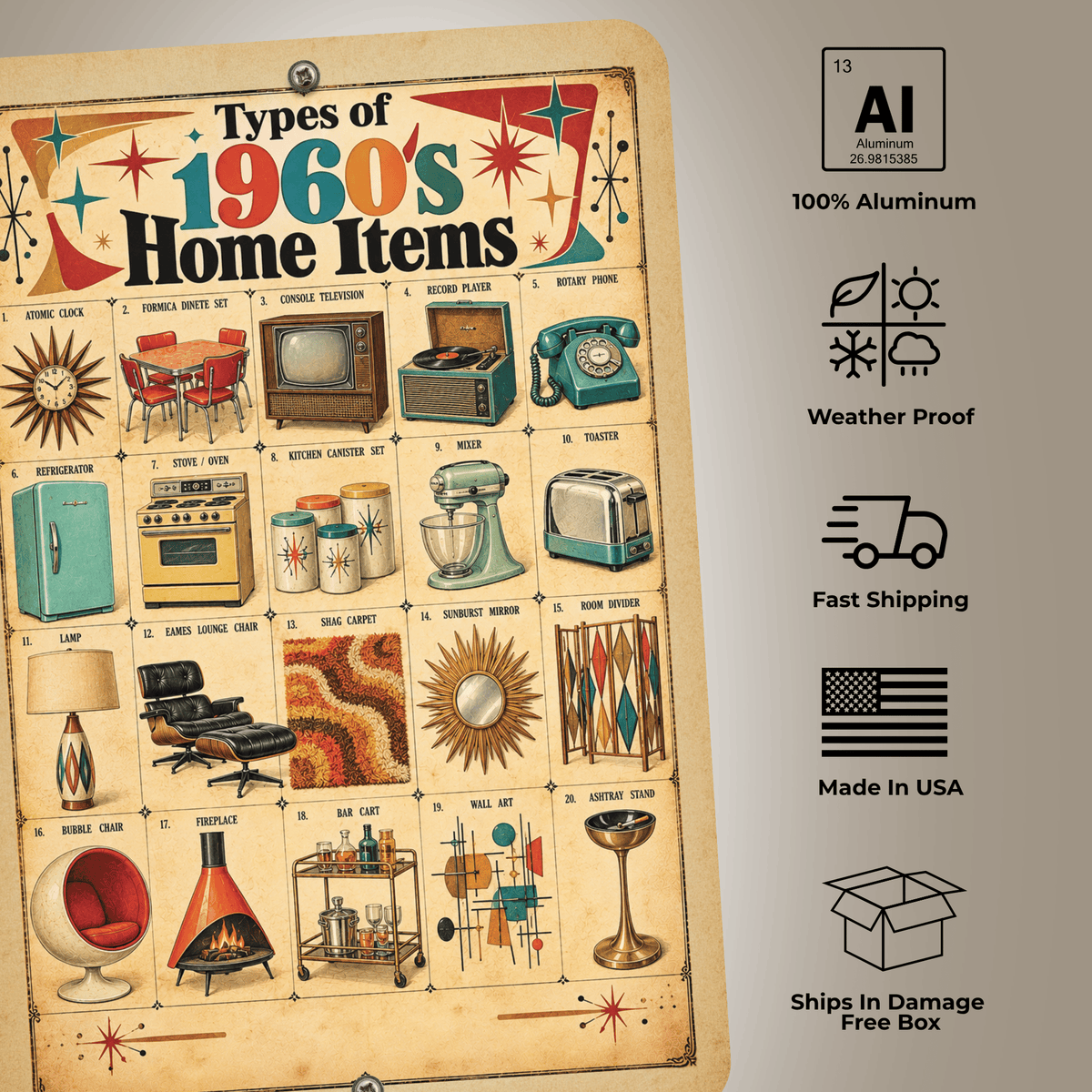Types of 1960s Home Items – Retro Mid-Century Aluminum Sign