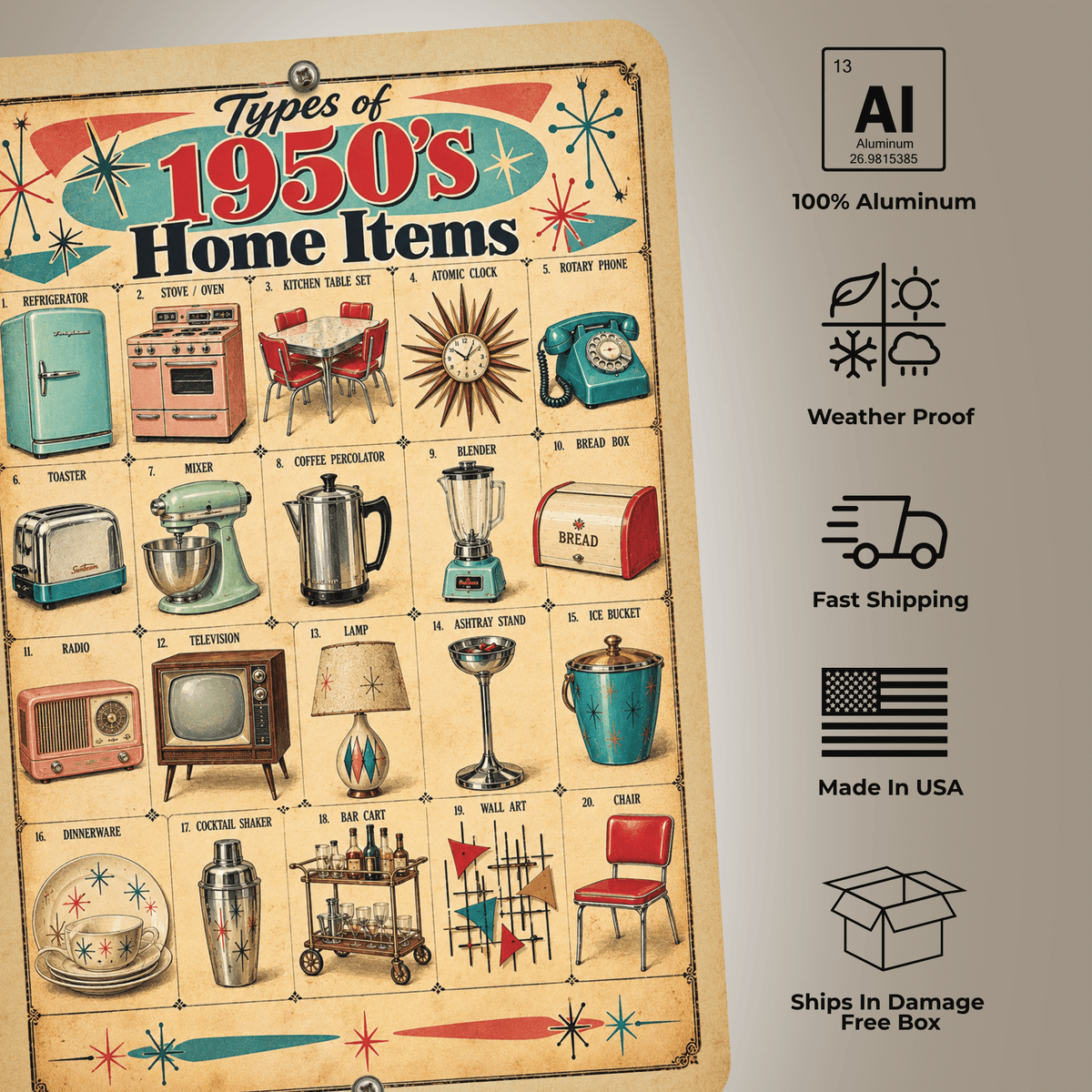 Types of 1950s Home Items – Retro Mid-Century Aluminum Sign