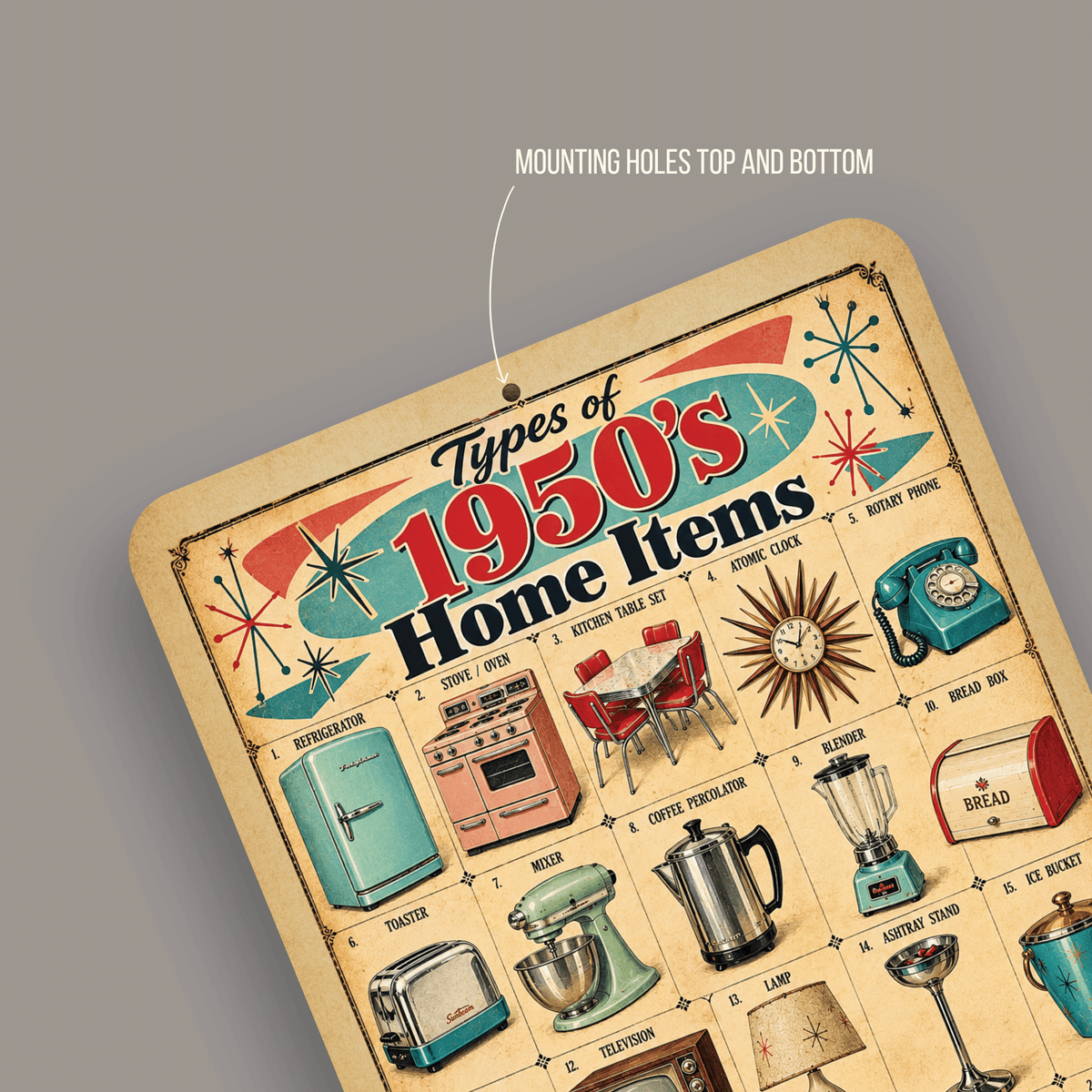 Types of 1950s Home Items – Retro Mid-Century Aluminum Sign