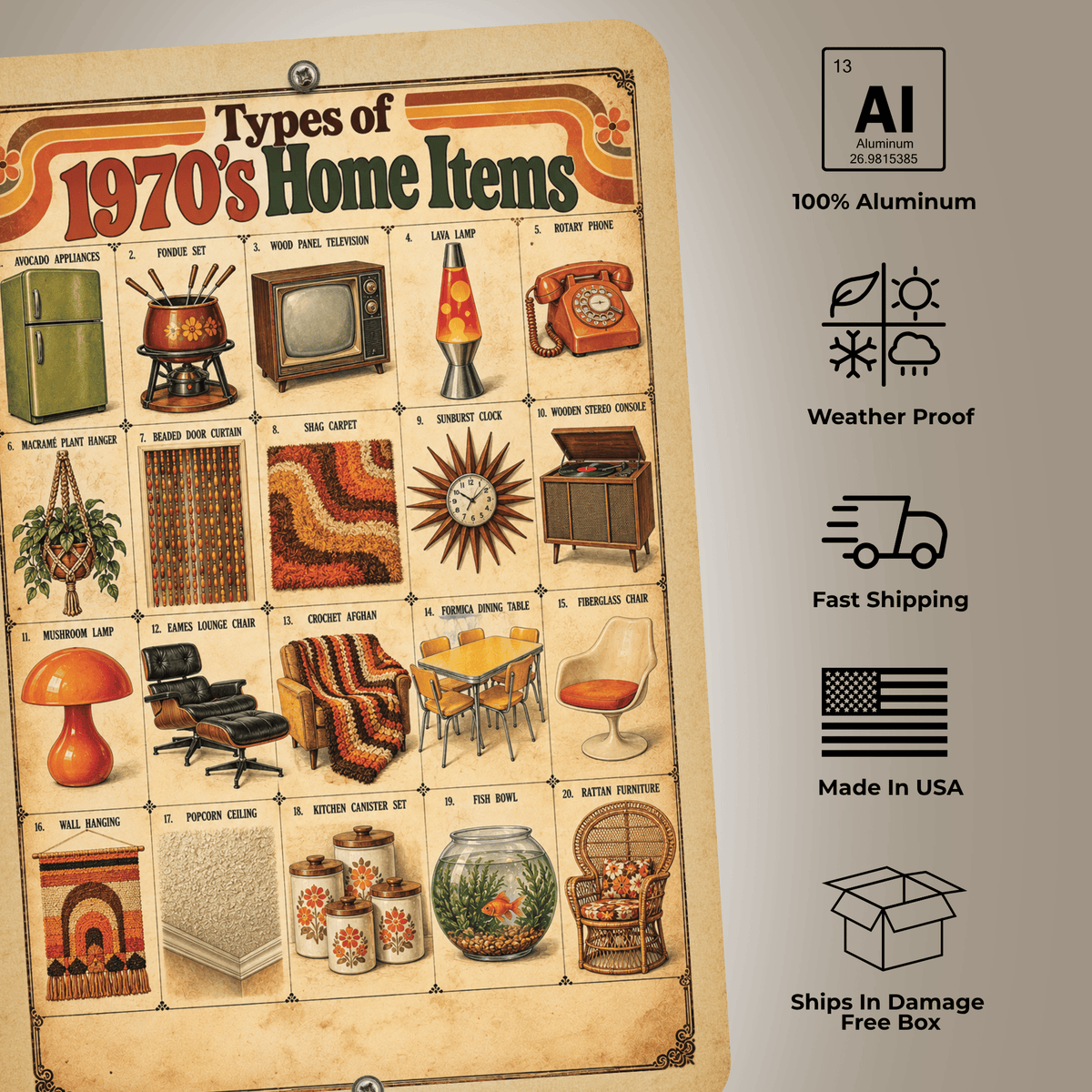 Types of 1970s Home Items – Retro 70s Aluminum Sign