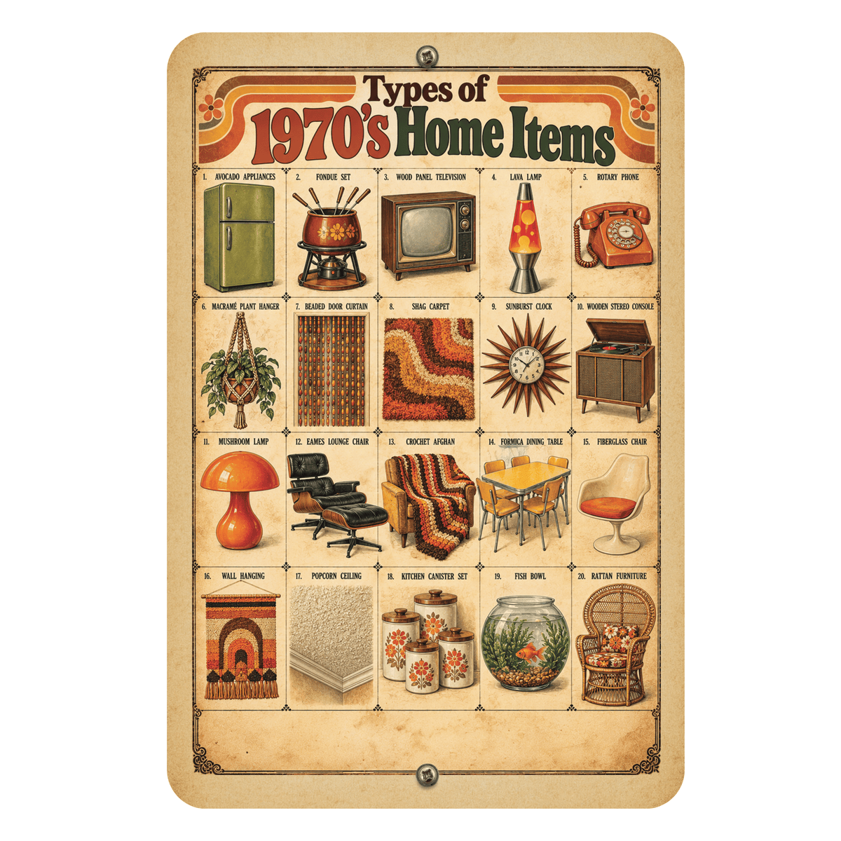 Types of 1970s Home Items – Retro 70s Aluminum Sign