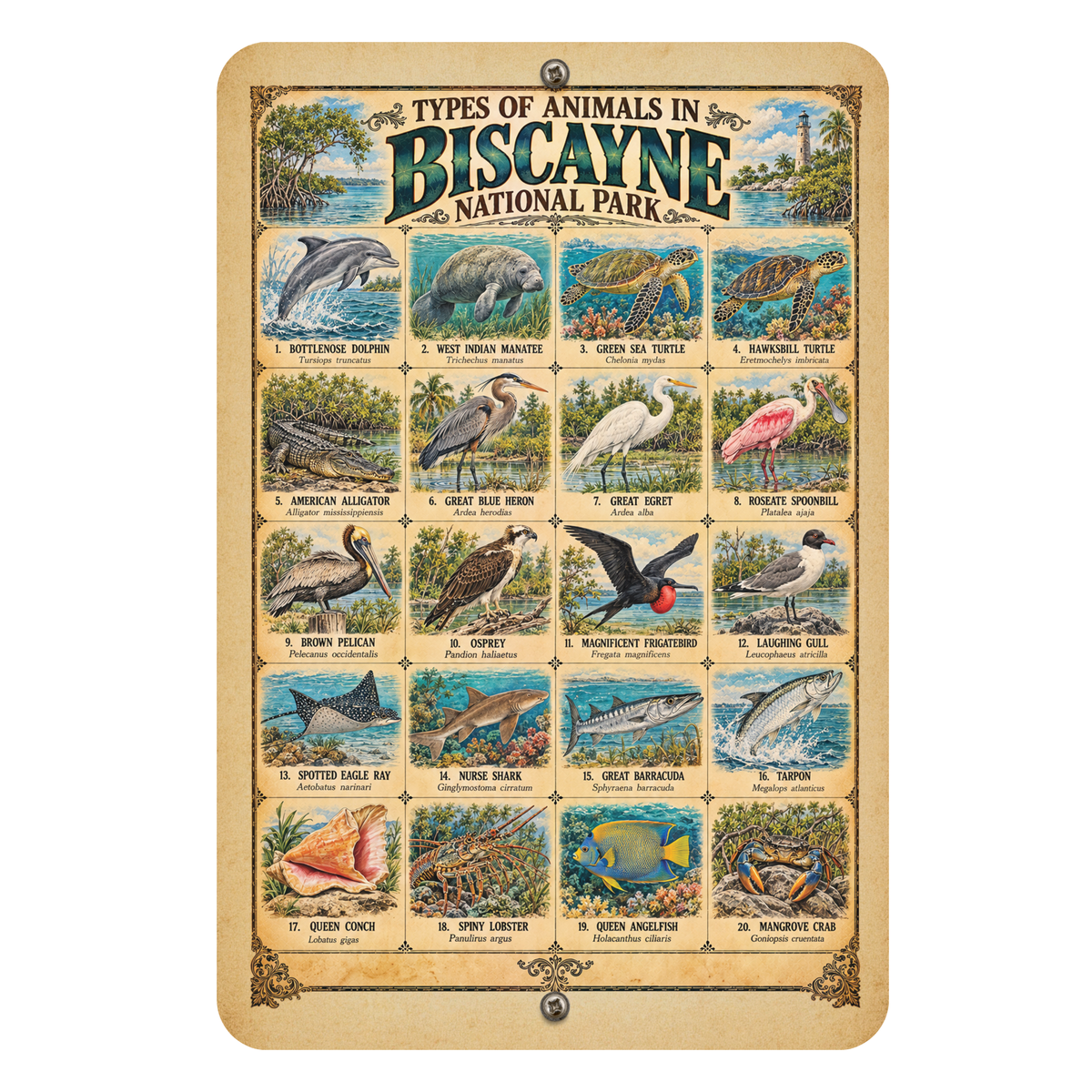 Animals of Biscayne National Park – Vintage Wildlife Identification Metal Sign