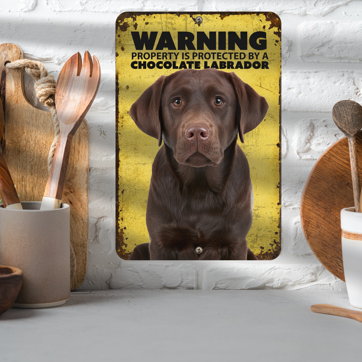 Warning Chocolate Labrador Aluminum Sign