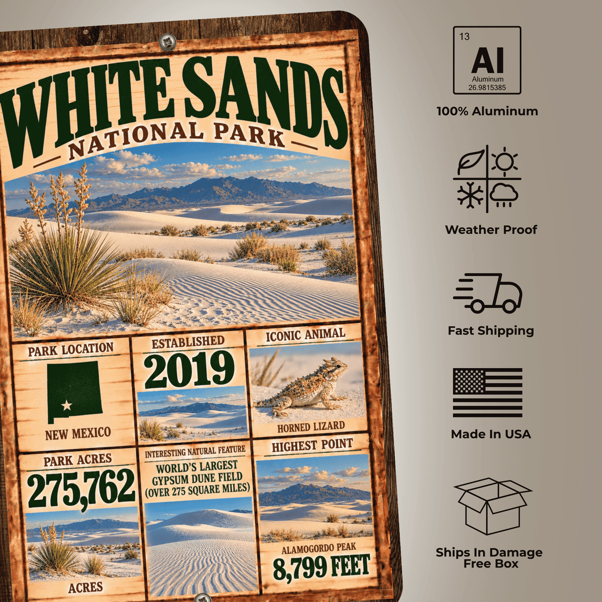 White Sands National Park Facts Aluminum Sign