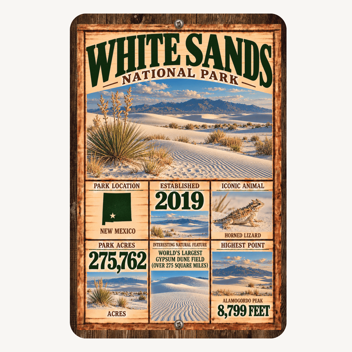 White Sands National Park Facts Aluminum Sign