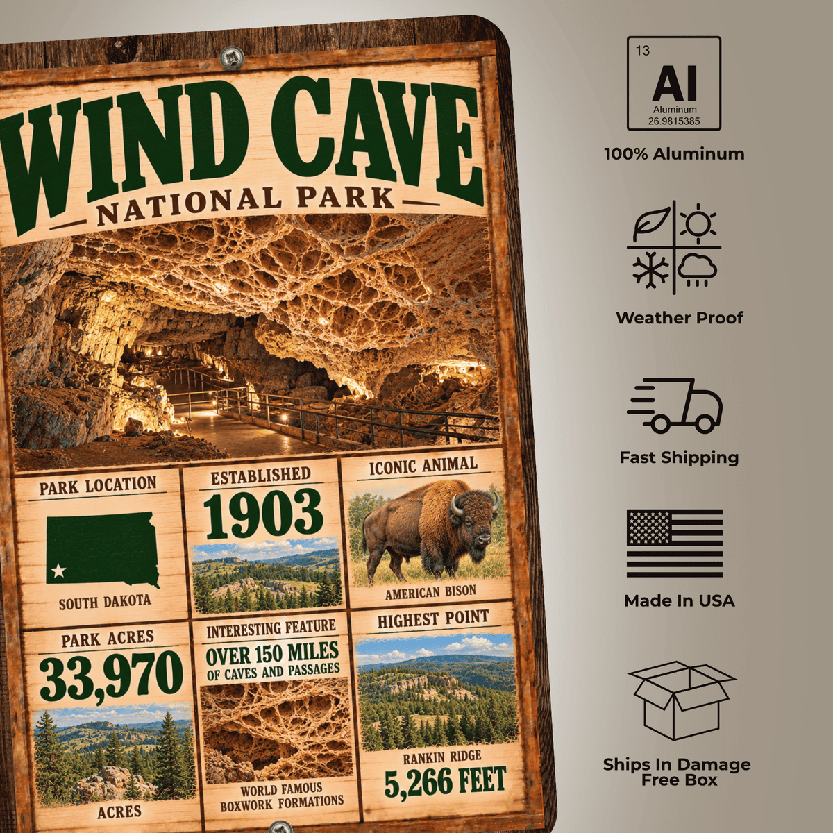 Wind Cave National Park Facts Aluminum Sign