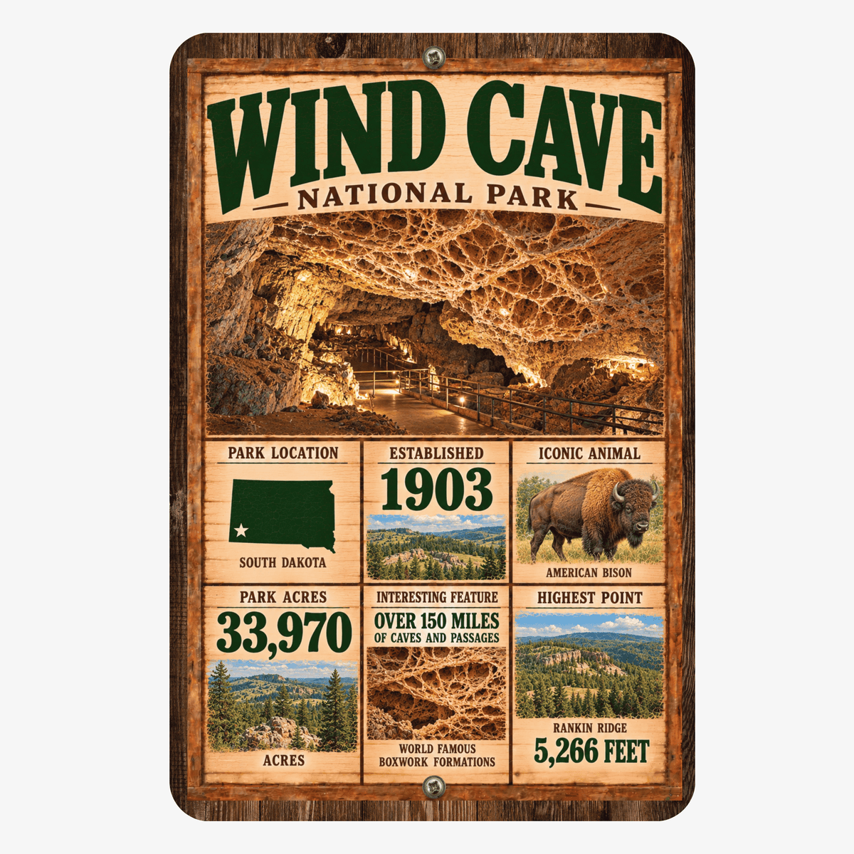 Wind Cave National Park Facts Aluminum Sign