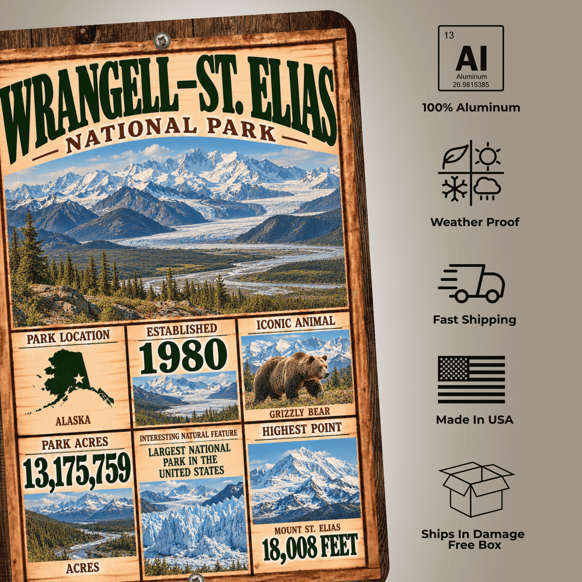 Wrangell-St. Elias National Park Facts Aluminum Sign