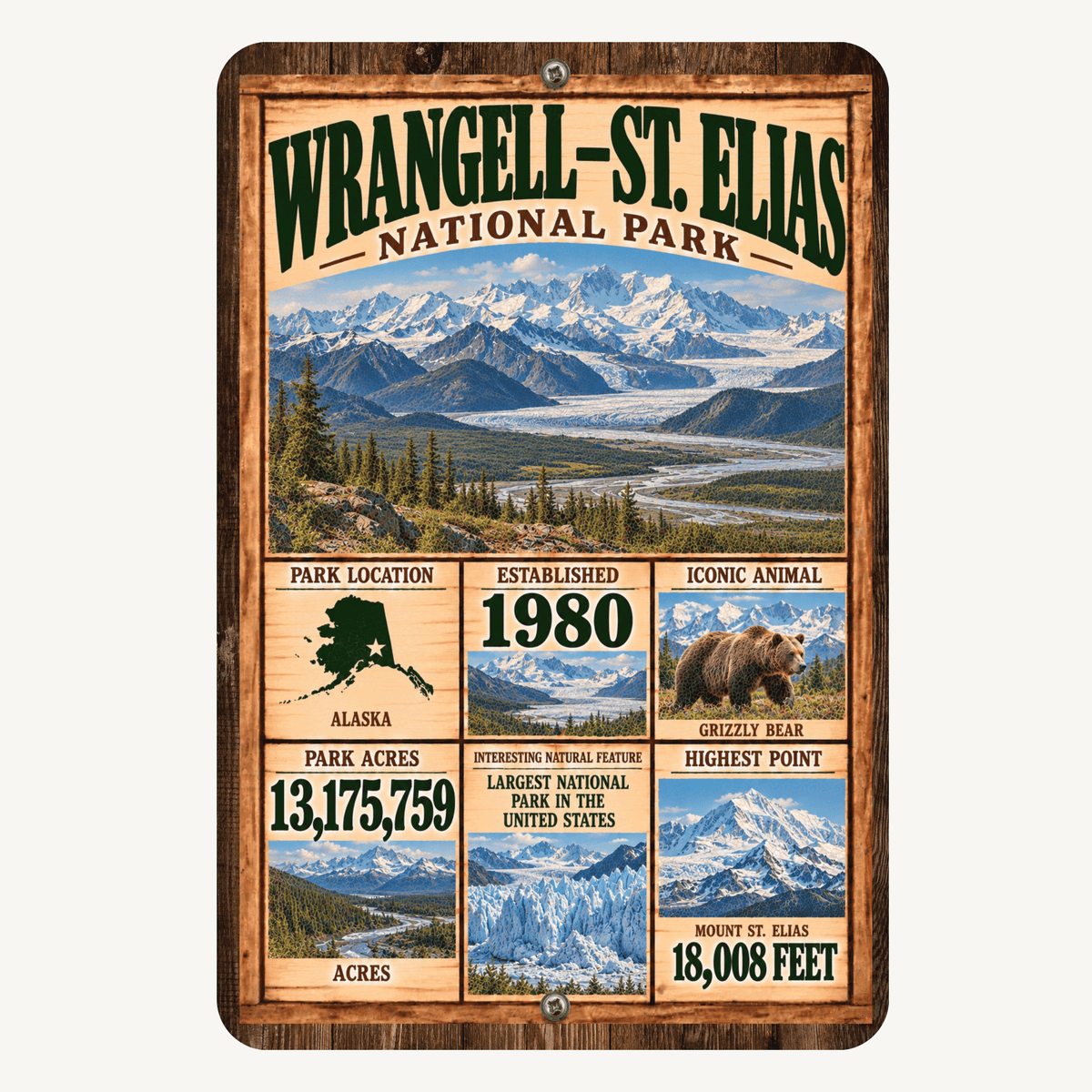 Wrangell-St. Elias National Park Facts Aluminum Sign