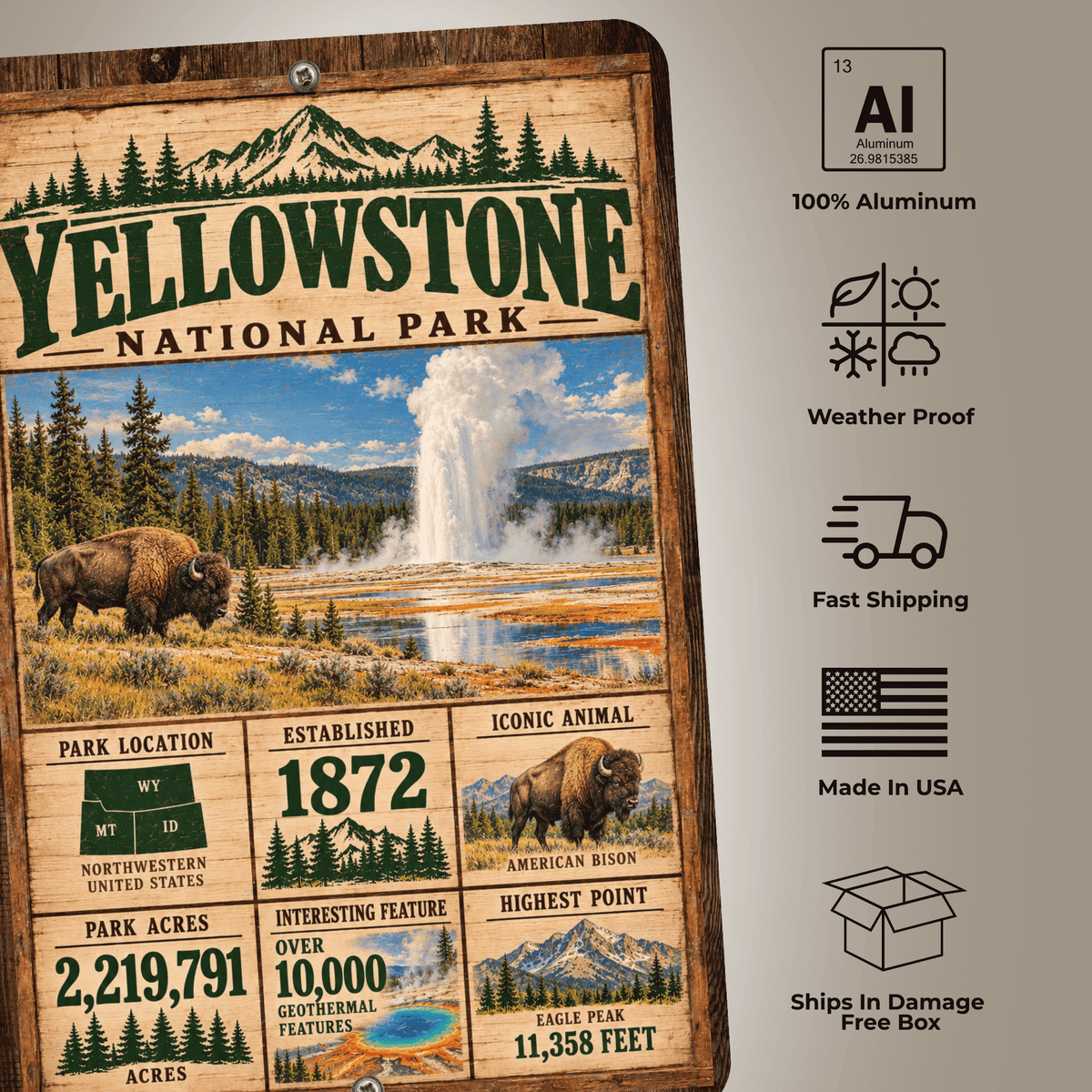 Yellowstone National Park Facts Aluminum Sign