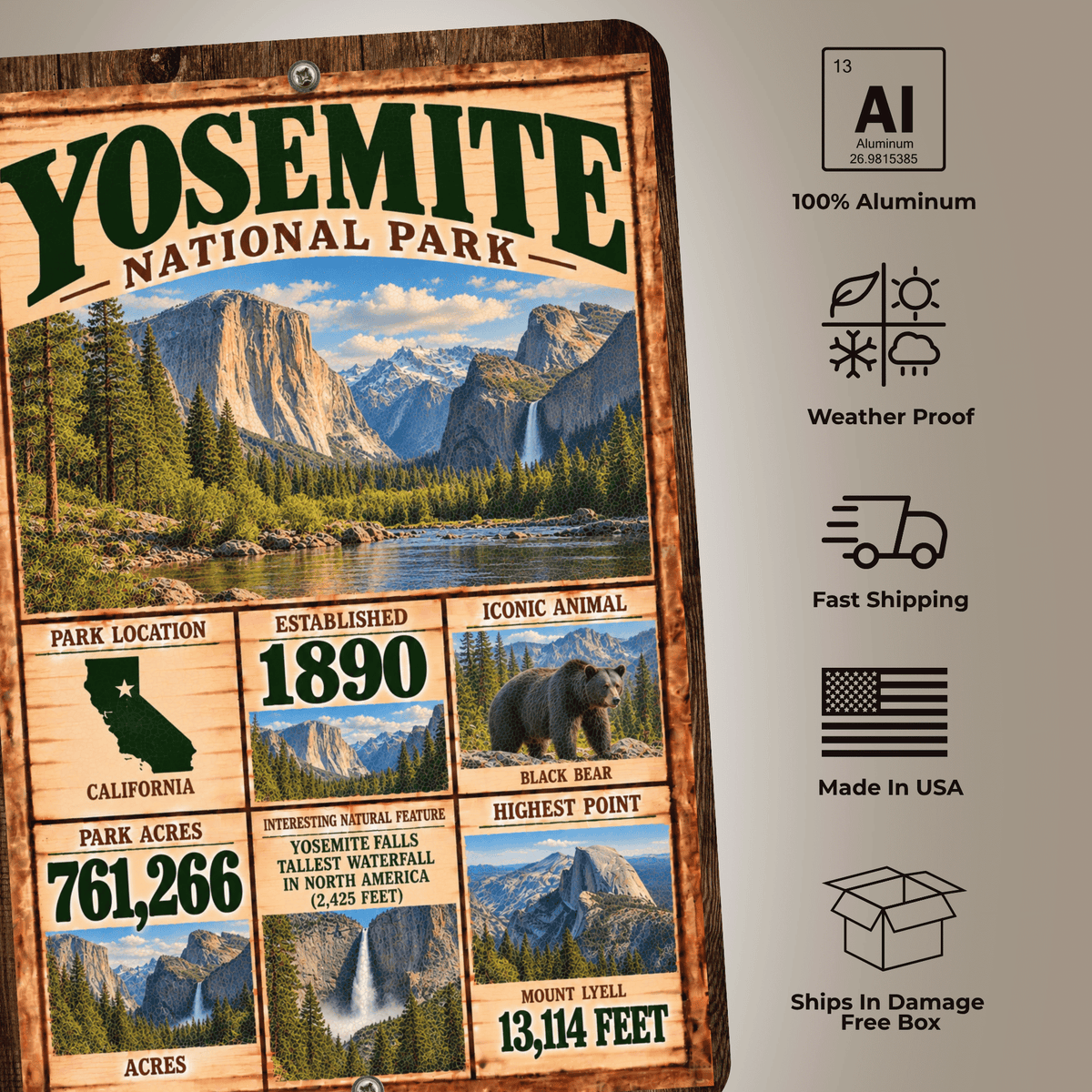 Yosemite National Park Facts Aluminum Sign