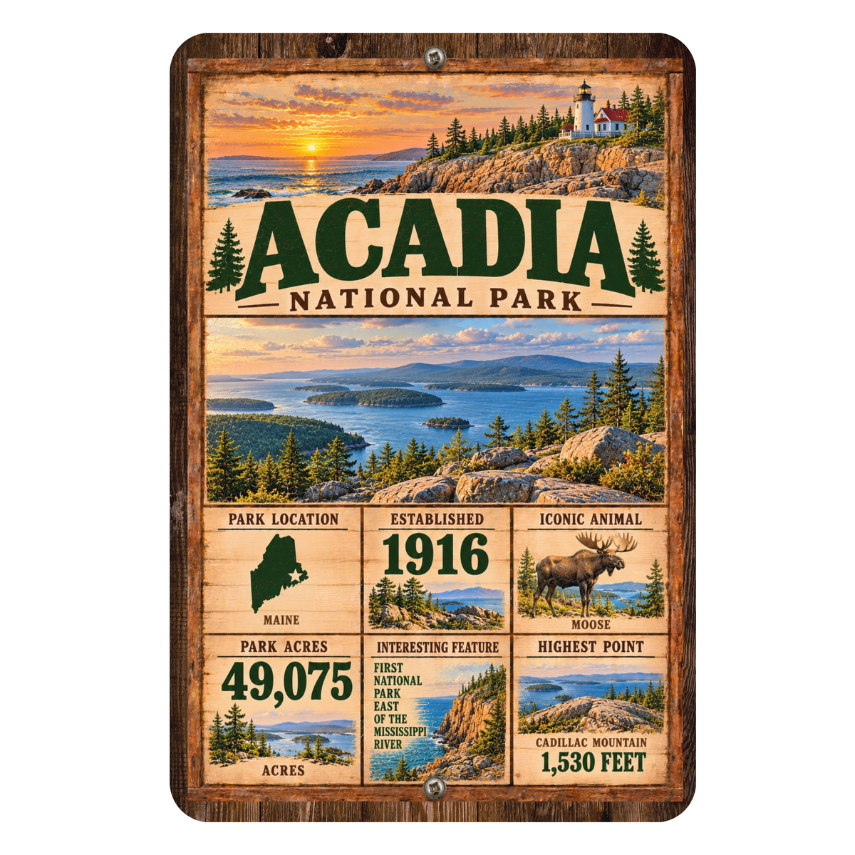 Acadia National Park aluminum sign featuring coastal Maine scenery and park facts