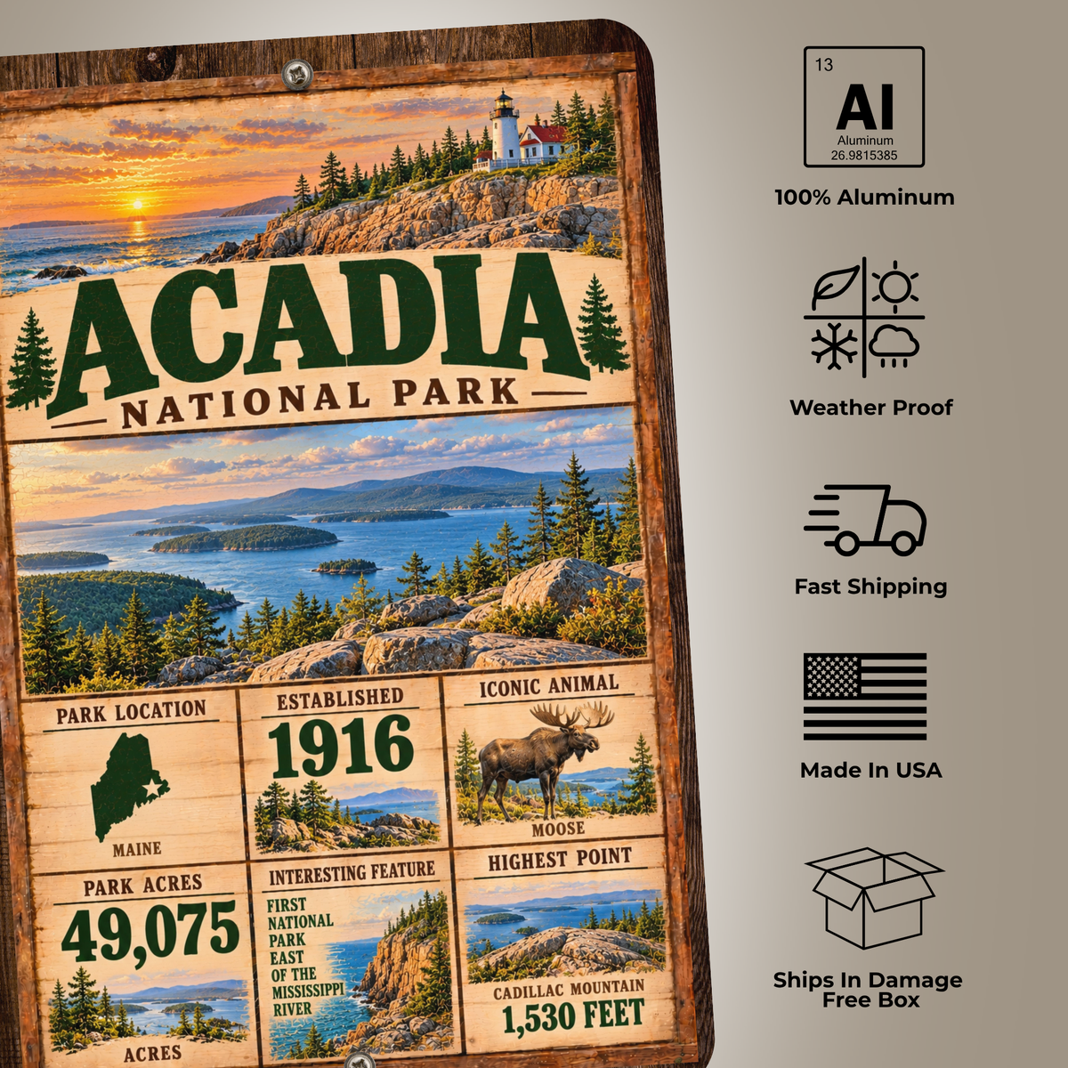 Acadia National Park sign product features and aluminum construction