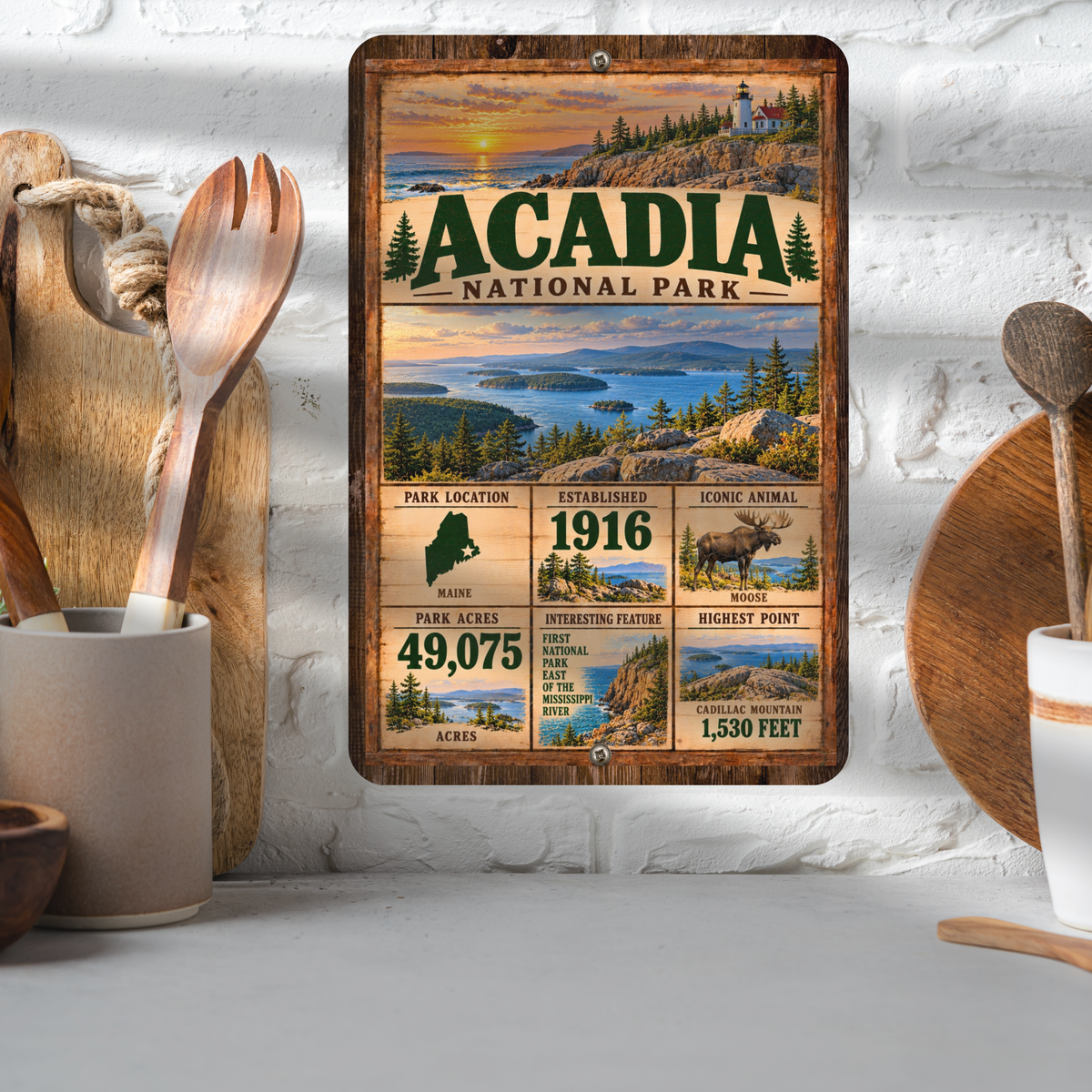 Acadia National Park aluminum sign displayed in a kitchen