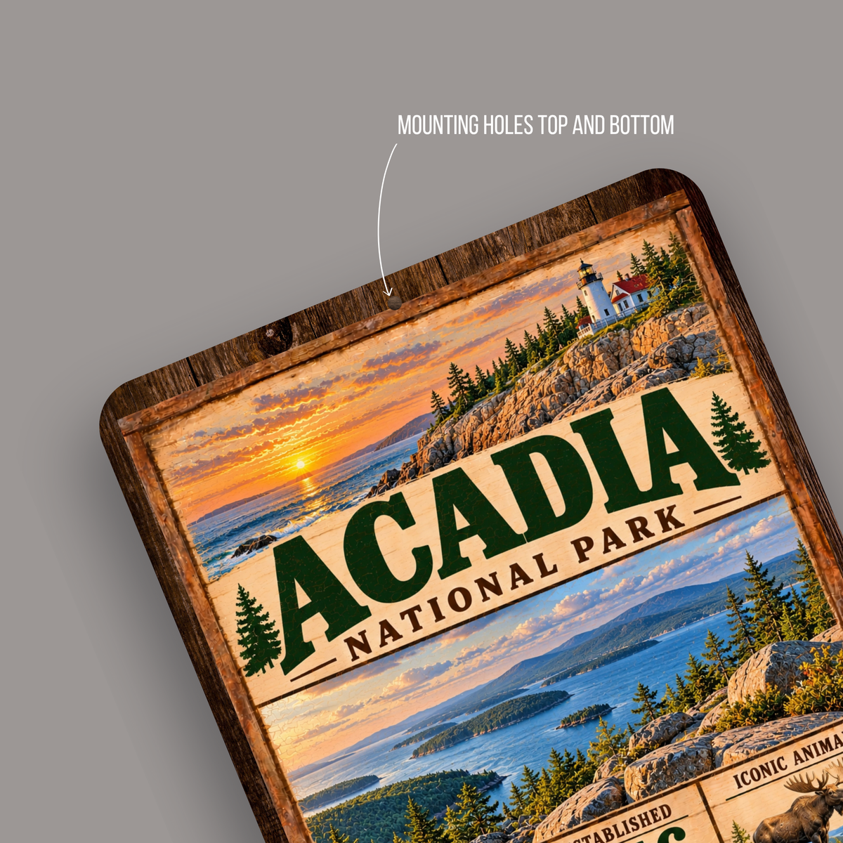 Acadia National Park aluminum sign showing centered top and bottom mounting holes