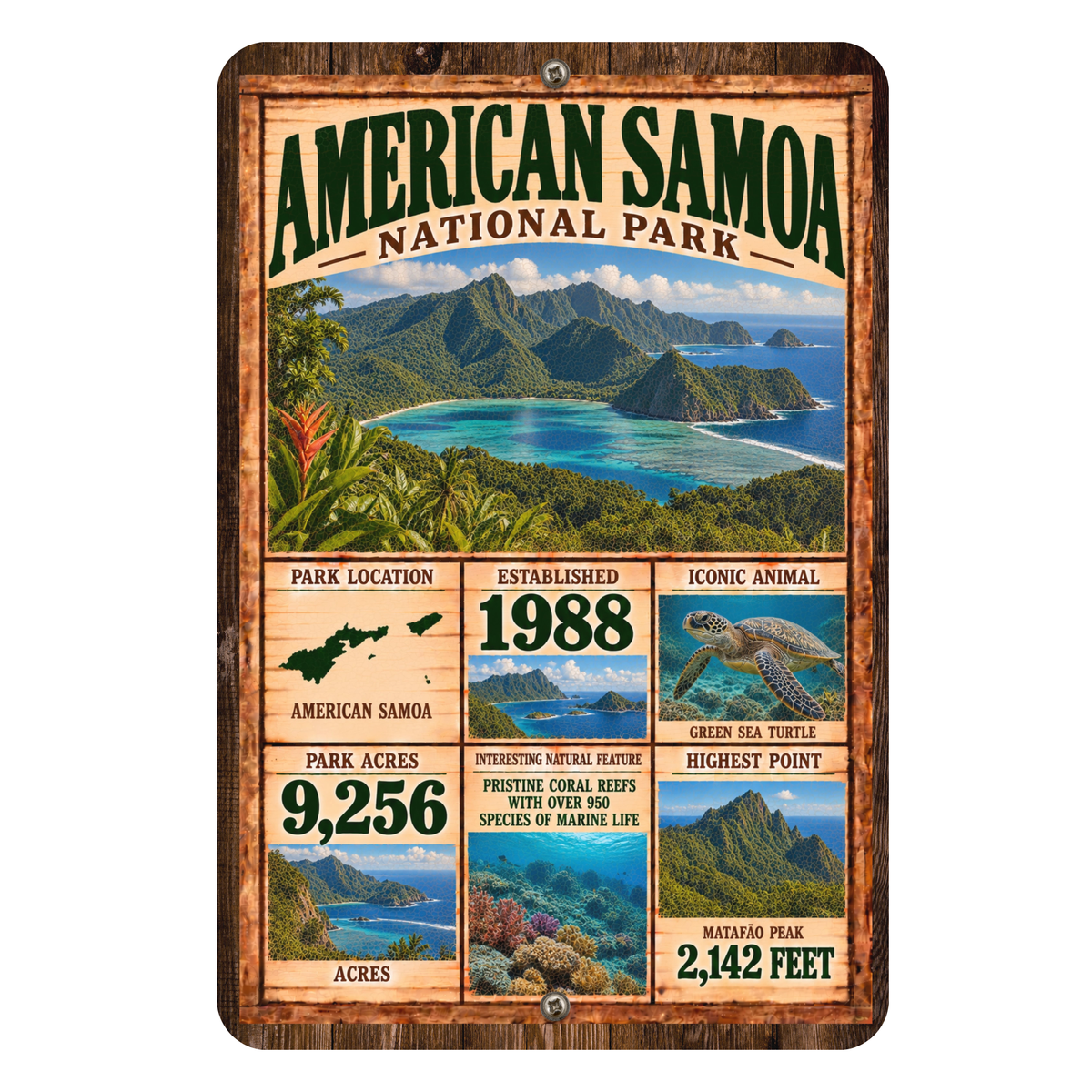 American Samoa National Park facts aluminum sign with tropical island scenery and green sea turtle