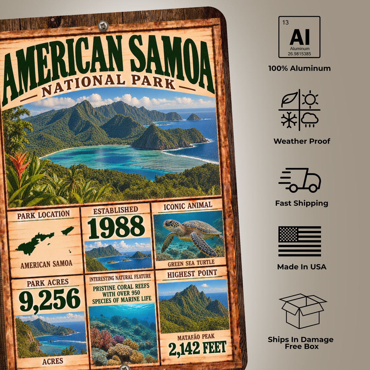 American Samoa National Park aluminum sign with material, weather-resistant, shipping, and made-in-USA features