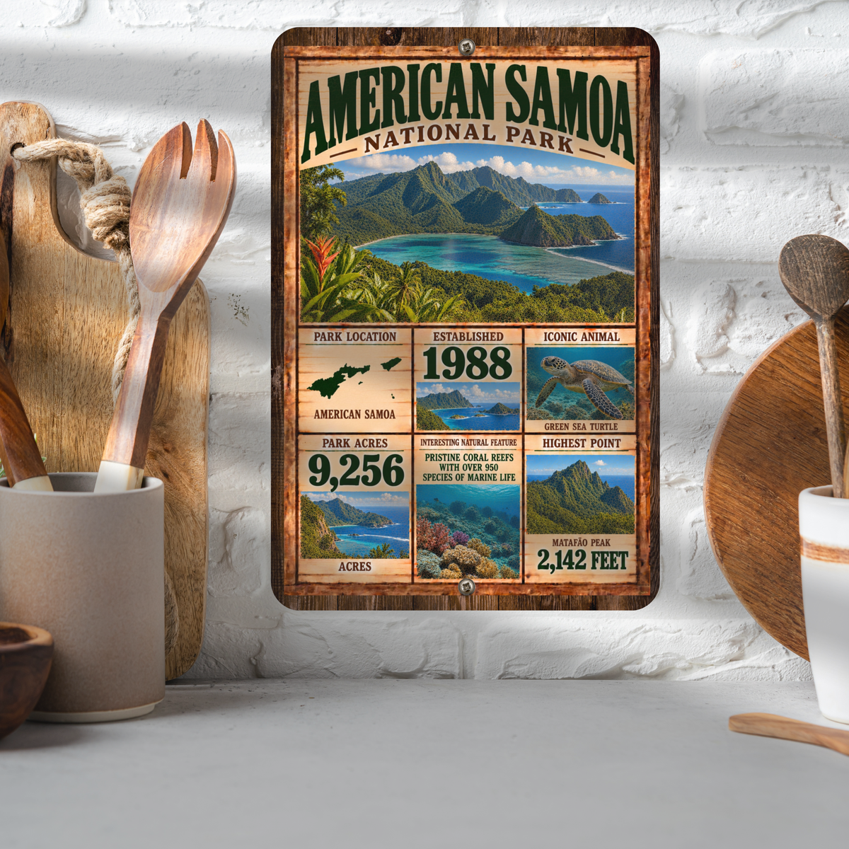 American Samoa National Park aluminum sign displayed on a kitchen wall