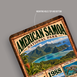 Close-up of the American Samoa National Park sign showing pre-drilled mounting holes