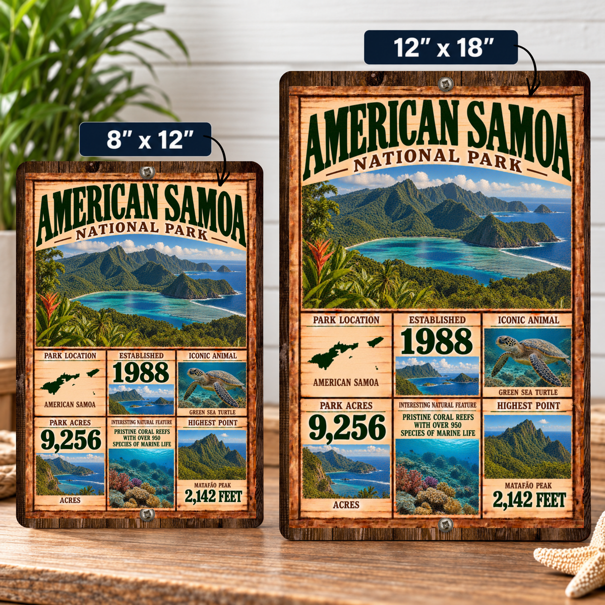 American Samoa National Park aluminum sign shown in 8 by 12 inch and 12 by 18 inch sizes