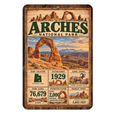 Arches National Park facts aluminum sign featuring Delicate Arch and desert bighorn sheep