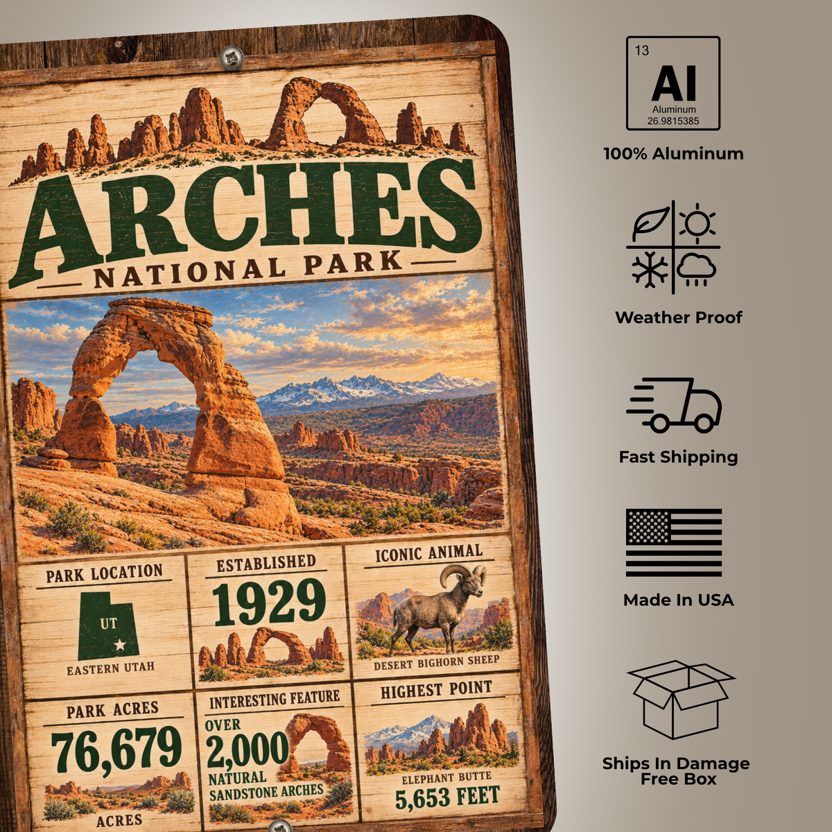 Arches National Park aluminum sign with material, weather-resistant, shipping, and made-in-USA features