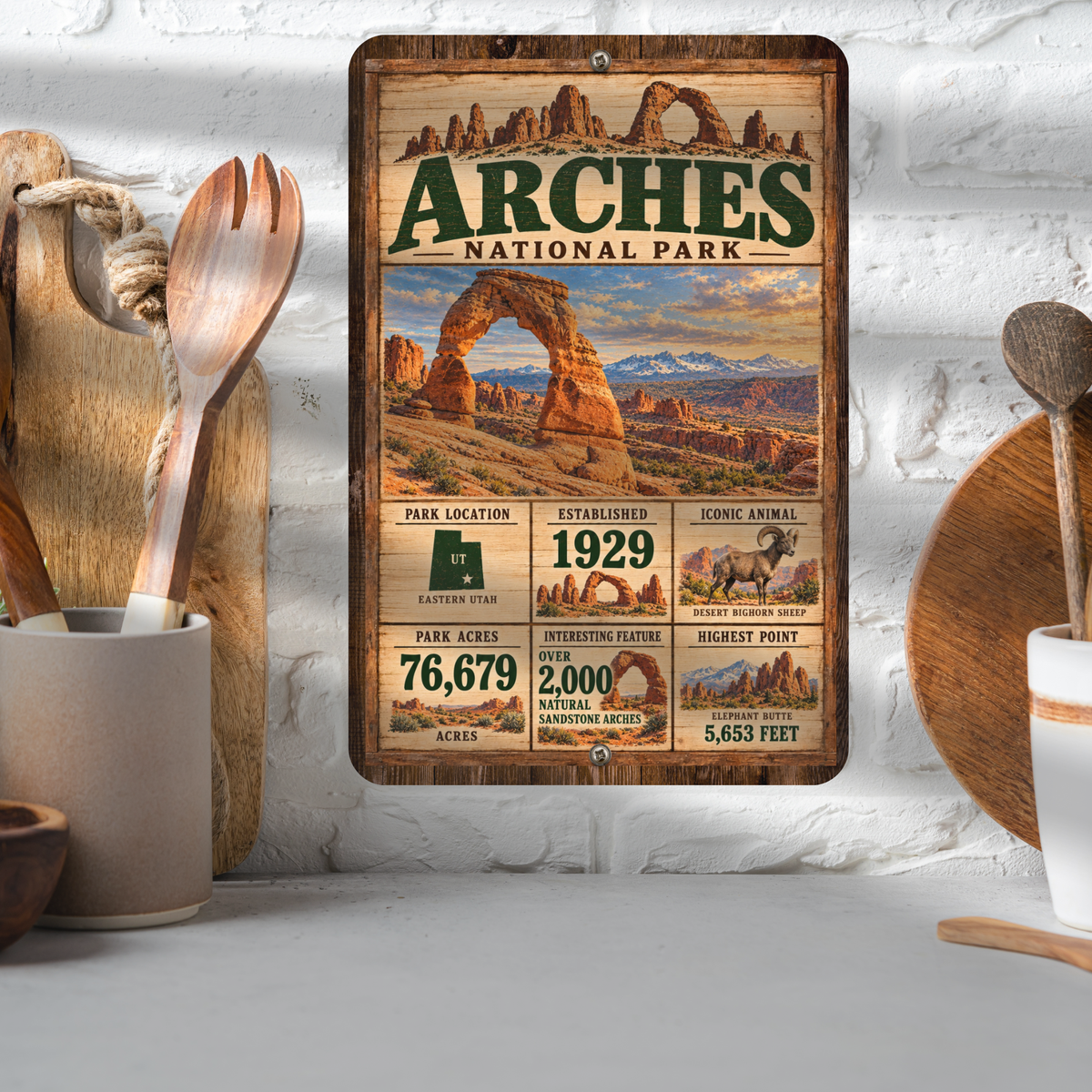 Arches National Park facts aluminum sign displayed on a kitchen wall