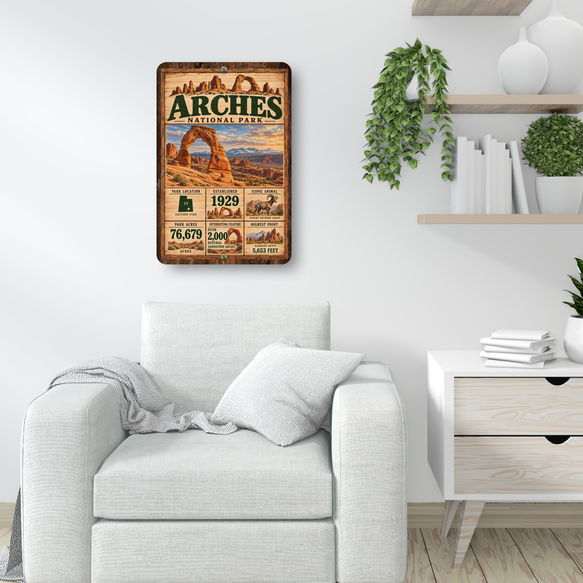 Arches National Park facts aluminum sign displayed in a bright living room