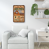 Arches National Park facts aluminum sign displayed in a bright living room