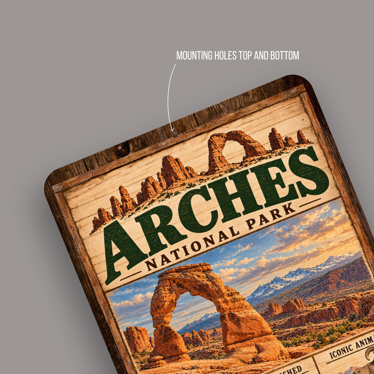 Close-up of the Arches National Park aluminum sign showing pre-drilled mounting holes